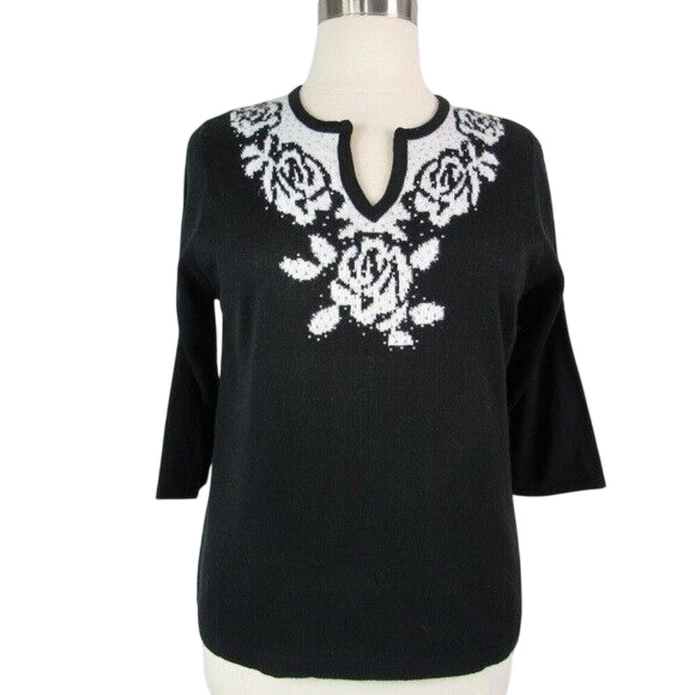 Bling Sweater Y-Neck Pullover Floral Size XL Black  CD Petites